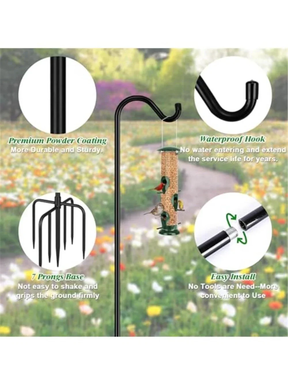 76'' Bird Feeder Pole, Heavy Duty Shepherds Hooks for Outdoor with 7-Prong Base